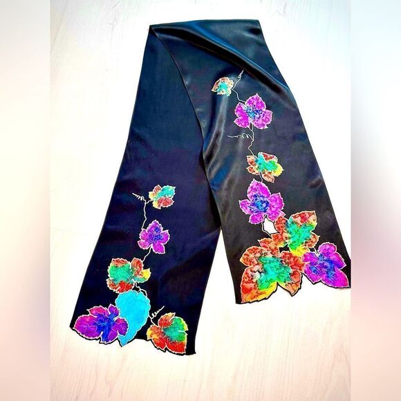 Vintage hand painted silk scarf fall leafs open work - black 10” x 64” - Picture 1 of 5